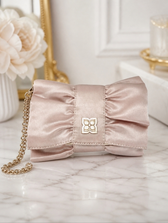 BCBGMaxAzria Handbags - ✨️ BCBGMAXAZRIA Satin Bow Clutch Wristlet | Champagne Beige Evening Wedding Bag